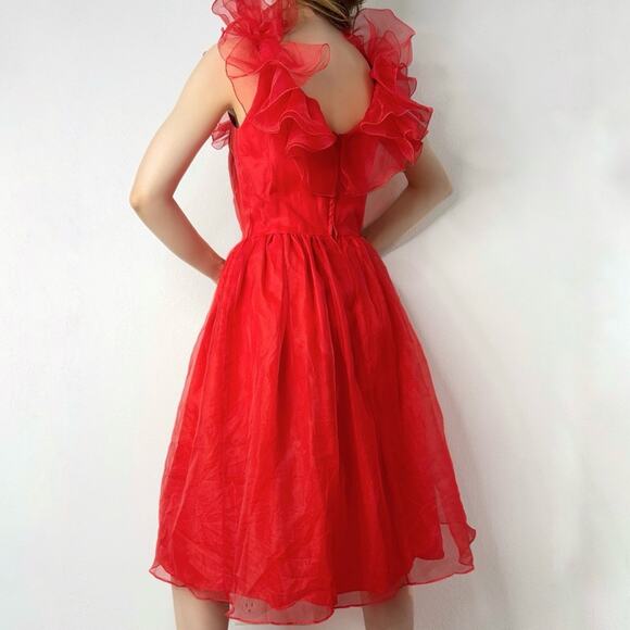 Vintage 80s Red Puffy Ruffle Dress Organza USA Union Made Small - Picture 3 of 14